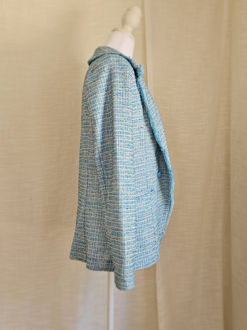 Belle by Kim Gravel Blue Tweed Double-Breasted Blazer Raw Hem Fringe S - Picture 5 of 16
